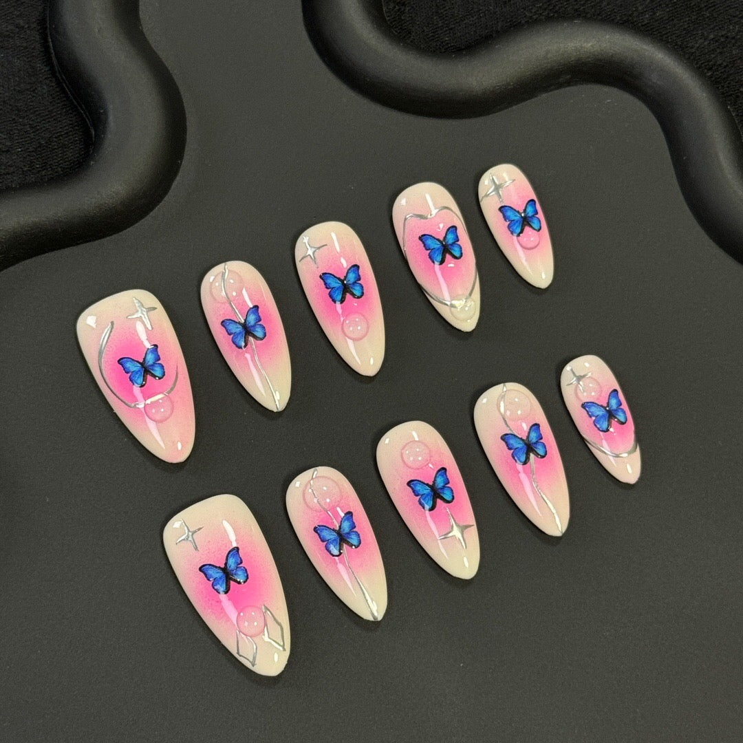 Pink Blue Butterfly Nails